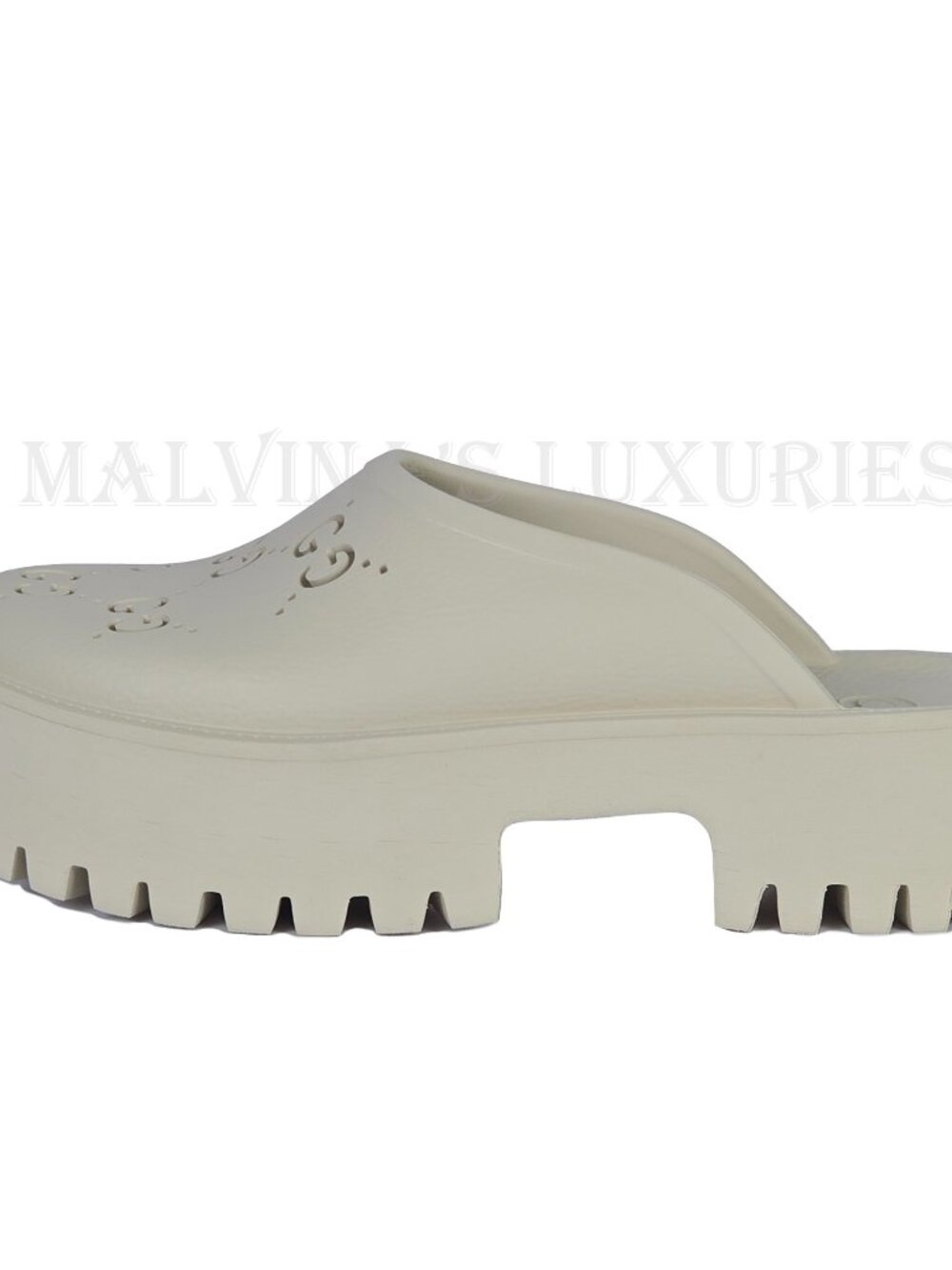 GUCCI SHOES ELEA PERFORATED RUBBER GG LOGO PLATFORM MULES SANDALS - Picture 6 of 16